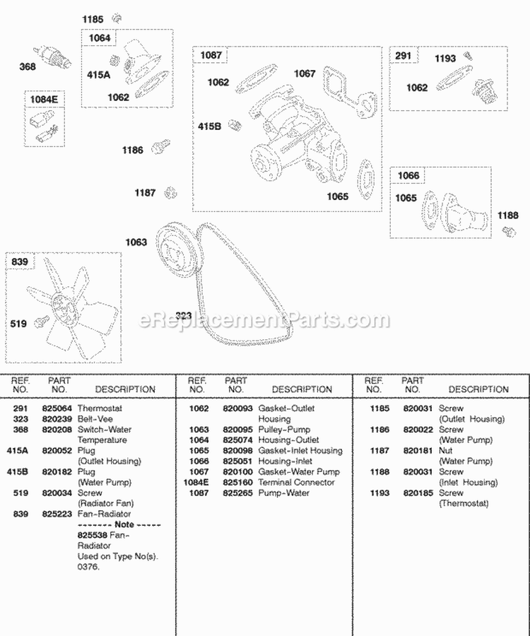 Fan Water Pump Thermostat Vee Belt Diagram and Parts List for 432447-0105-E2  Briggs and Stratton Engine